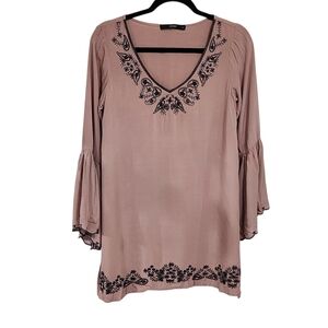 J.Roberts Top S Brown Embroidered Floral Flare Sleeve Western Boho Cowgirl